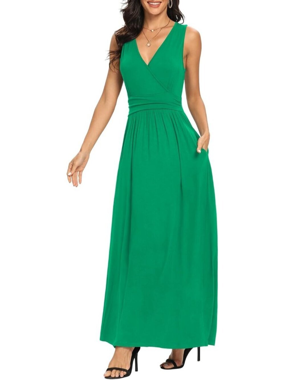 Lilbetter Women's Green Sleeveless Deep Neck Loose Plain Long Maxi Casual Dress - Picture 3 of 6